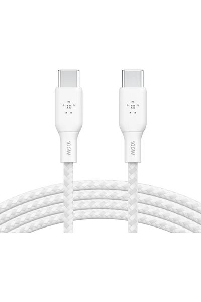 Belkin Örgülü USB-C - USB-C Kablosu 100W 2 Metre Beyaz USB-IF Sertifikalı Type-C Kablo