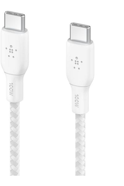Belkin Örgülü USB-C - USB-C Kablosu 100W 2 Metre Beyaz USB-IF Sertifikalı Type-C Kablo