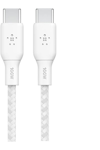 Belkin Örgülü USB-C - USB-C Kablosu 100W 2 Metre Beyaz USB-IF Sertifikalı Type-C Kablo