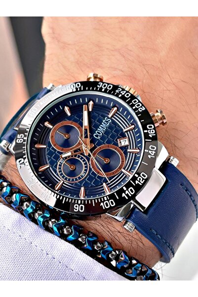 COMMES Deri Kordon Kronometre Ve Takvimli Mavi Gümüş Renk Unisex Klasik Kol Saati Cm1903d-msbr