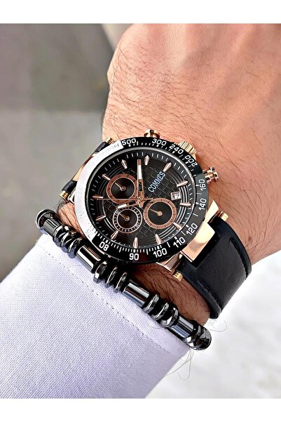 COMMES Deri Kordon Kronometre Ve Takvimli Siyah Rose Gold Renk Unisex Klasik Kol Saati Cm1903d-brbr