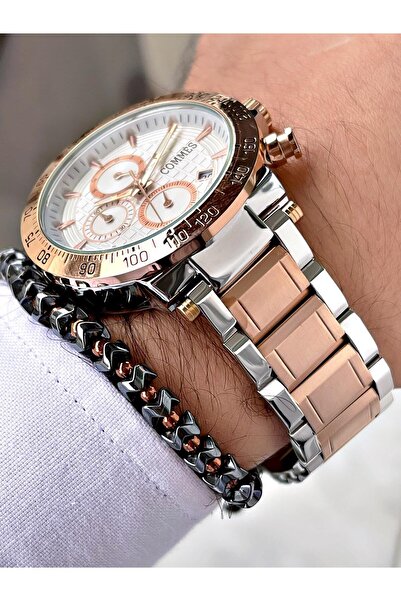 COMMES Çelik Kordon Kronometre Ve Takvimli Gümüş Rose Gold Renk Unisex Klasik Kol Saati Cm1904-srw