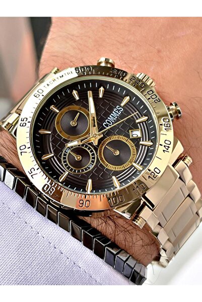 COMMES Çelik Kordon Kronometre Ve Takvimli Altın Siyah Renk Unisex Klasik Kol Saati Cm1904-ggb