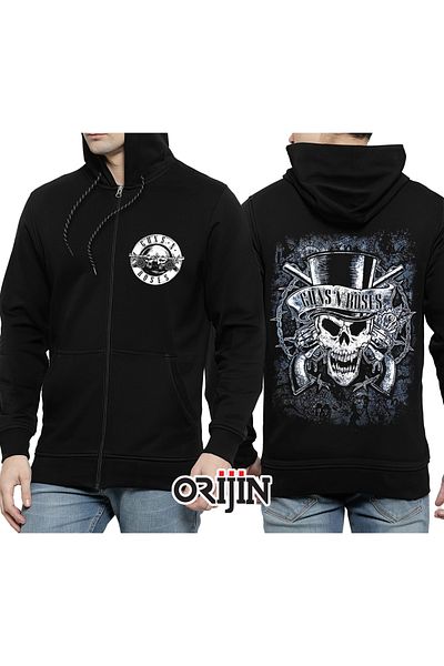 Orijin Tekstil Guns N Roses Front and Back Printed Zippered Hooded Black Sweatshirt