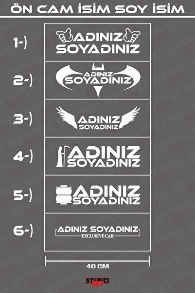 STİCKERCI BEY 40 Cm White Name Surname Specially Designed Windshield Compatib...