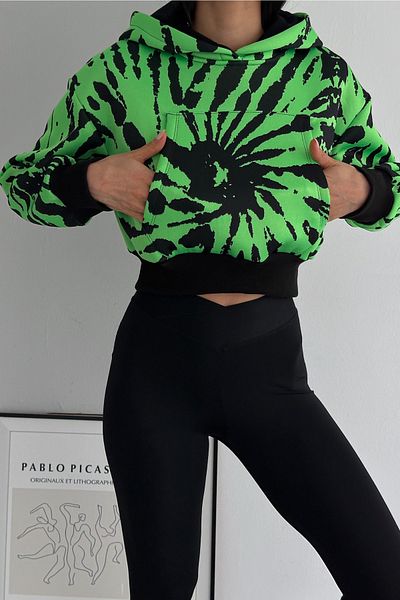FEMELLE Hanorac cu glugă verde cu buzunar cangur, colorat, cu 3 fire