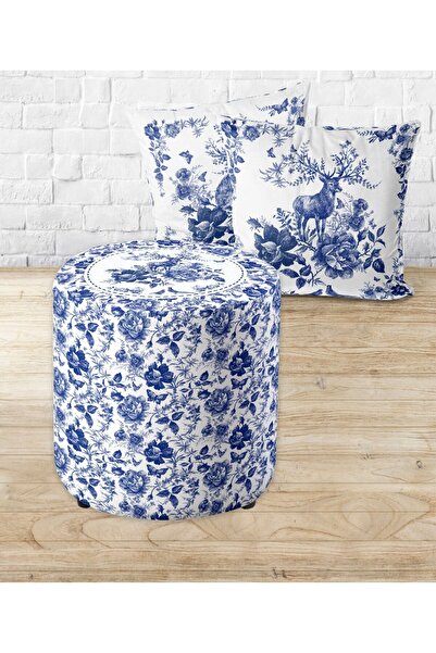Armi Puf Vintage Mavi Güller Yuvarlak Puf +2 Kırlent Kılıfı-EP09-114