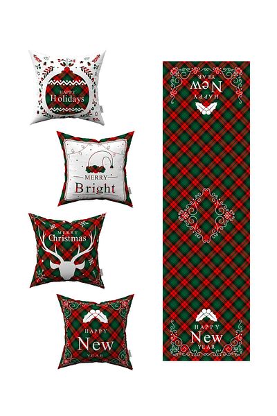 Cango Home Red Green Plaid, New Year's Themed 4-Piece Throw Pillow Cover and 1 Runner Set (St-4Kmbs172-Rs)