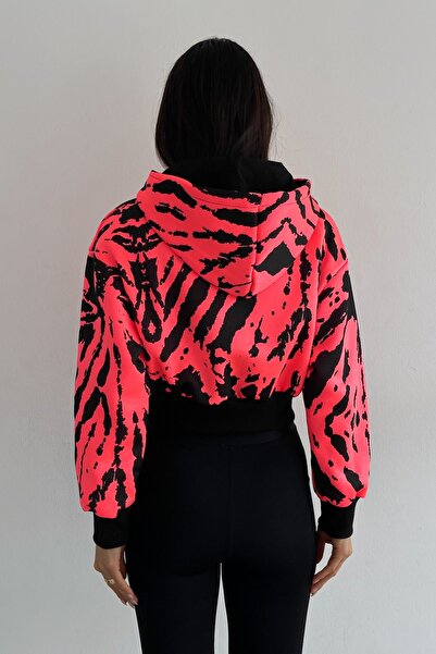 FEMELLE Φούτερ Crop Raster με ροζ κουκούλα και πολύχρωμη 3 νήματα