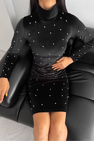 Neşeli Butik rochie mini din catifea cu perle de dama KKLF77 - Neagra