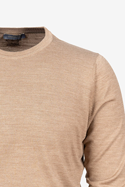 CARDUCCİ Erkek Bej Slim Fit Düz Bisiklet Yaka Triko Kazak C60-K24CRD1011-10