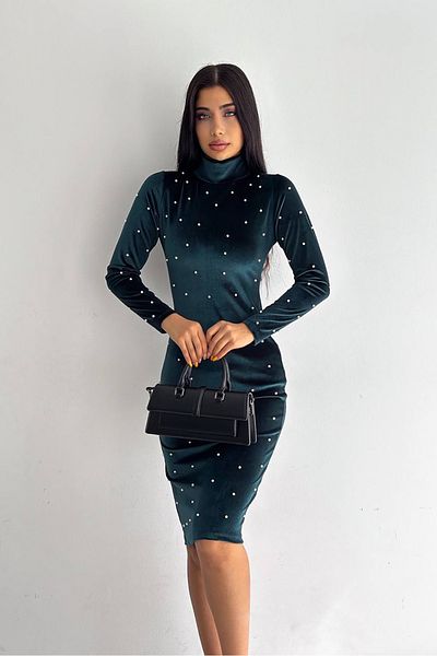 Neşeli Butik rochie mini din catifea cu perle de dama KKLF77 - Verde