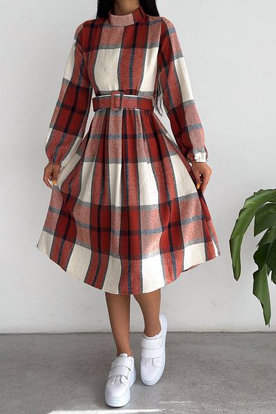 NKTCOLLECTİON Women's TILE Plaid Patterned Imported Fabric Belt Zippered Midi Dress
