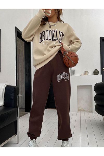 NO 601 Σετ φούτερ και φούτερ σε μπεζ Brooklyn Printed Crew Neck
