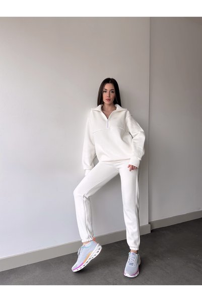 SELF CONTROL BÜYÜK BEDEN KADIN ÜÇ İPLİK YARIM FERMUAR EŞOFMAN TAKIMI MODERN KALIP