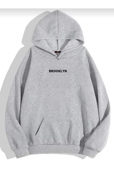 YÜKSEL IŞIK Hanorac cu 2 fire de culoare gri raster, imprimat Brooklyn, buzunar cangur, unisex