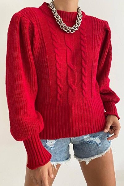 bayansepeti Red Knitwear Fabric High Collar Knitted Design Sweater 0134