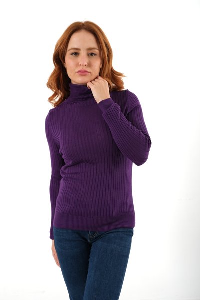Trist Star Purple Corded Women's Turtleneck Wool Knitwear Sweater