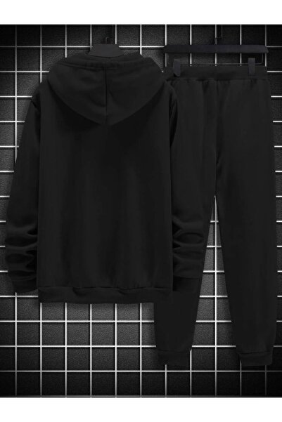 MOONBULL Men's Vertical Printed Hooded Black Tracksuit Set