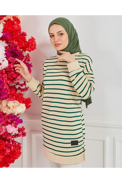 Arabul Knitwear Two Thread Cotton Striped Model Hijab Tunik