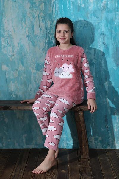 Pijamaevi Pink Moon Cloud Patterned Girl's Plush Pajama Set