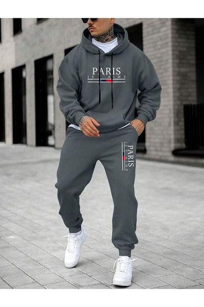 MOONBULL Set de trening Paris Let'aime imprimat cu glugă pentru bărbați