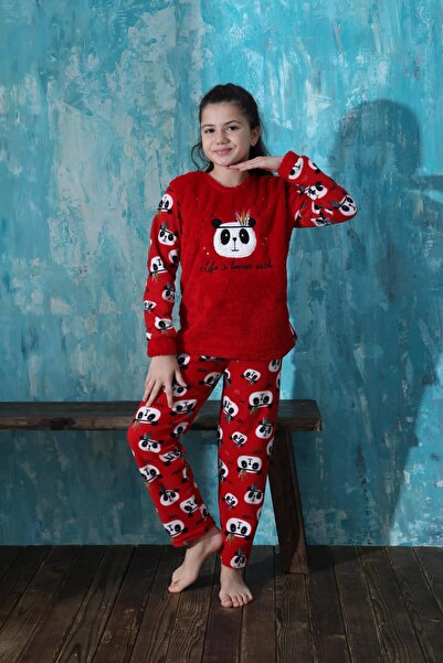 Pijamaevi Kırmızı Life Panda Desenli Kız Çocuk Peluş Pijama Takımı