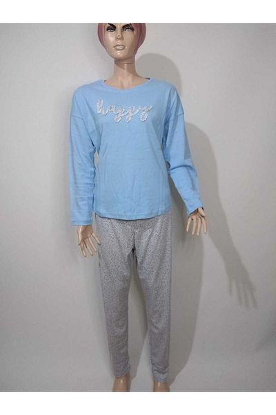 VİENETTA Set de pijamale din bumbac, albastru, cu gât rotund, cu tiv oval, cu mâneci lungi