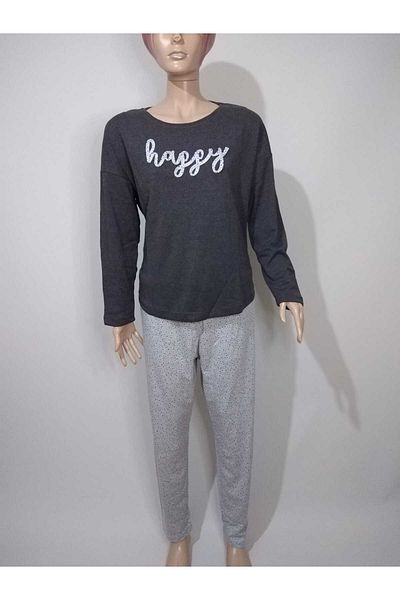 VİENETTA Set de pijamale din bumbac, antracit, cu gât rotund, cu tiv oval, cu mâneci lungi