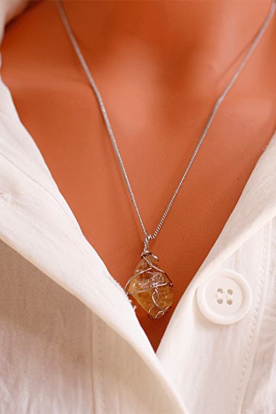 Tesbih Atölyesi Certified Wire Wrapped Raw Unprocessed Citrine Stone Necklace