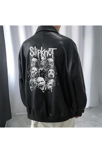 Toum Slipknot Printed Streetwear Μαύρο Oversize Unisex Δερμάτινο μπουφάν με επένδυση
