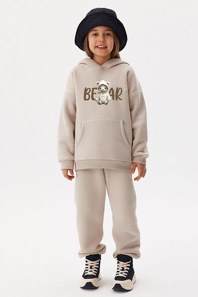 ADA BEBEK ÇOCUK Oversize Cotton Hooded Teddy Bear Patterned Top and Bottom Set