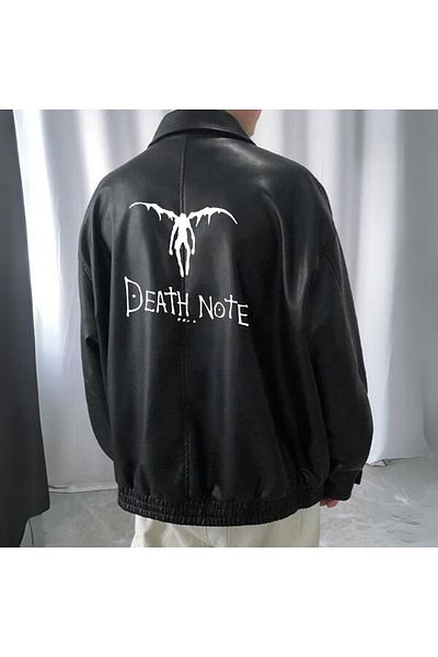 Gofeel Pofidi Death Note Printed Streetwear Μαύρο Oversize Unisex Δερμάτινο μπουφάν με επένδυση