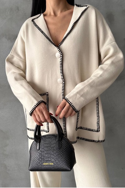 lovebox Jacket Collar Pocket Detail Oversize Cardigan and High Waist Wide Leg Trousers Cream Bottom Top Knitwear Suit 5120