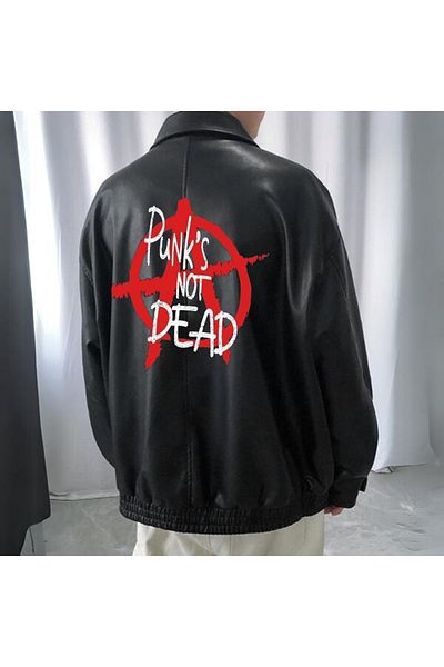 Touz Punk's Not Dead Printed Streetwear Black Oversize Unisex Lined Leather Jacket