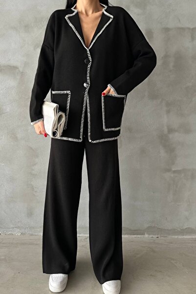 lovebox Jacket Collar Pocket Detail Oversize Cardigan and High Waist Wide Leg Trousers Black Bottom Top Knitwear Suit 5120