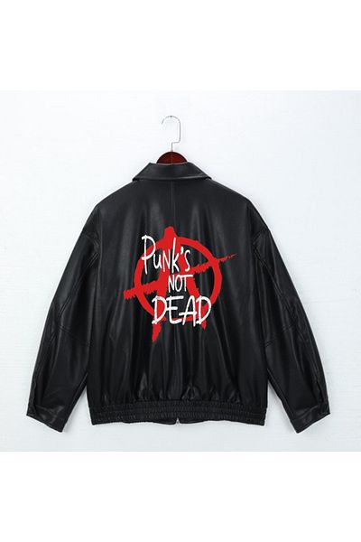 Touz Punk's Not Dead Printed Streetwear Black Oversize Unisex Lined Leather Jacket