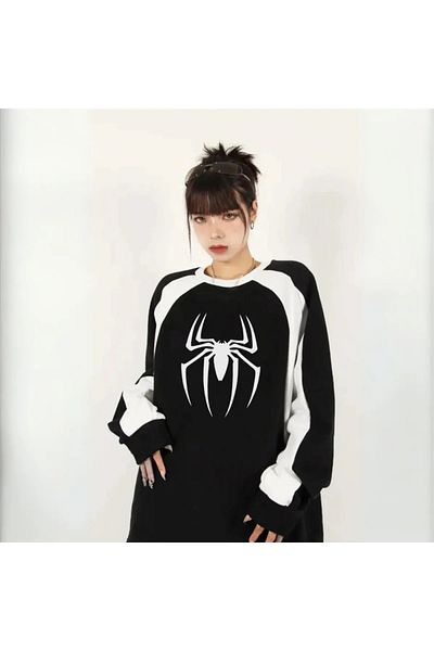 Gofeel Harajuku Street Spider Printed Black Unisex Oversize Crew Neck Sweatshirt