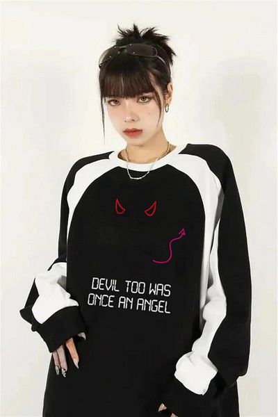 Gofeel Harajuku Street Devil Too ήταν εμπριμέ λεπτομέρεια γραμμής Unisex Oversize Crew Neck Μαύρο φούτερ HS