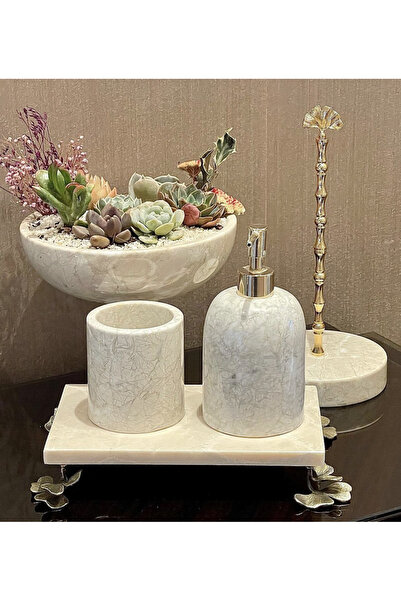 MIARIK DESIGN & DEKORASYON DEKORATİF BEJ MERMER GINKO AKSESUAR DETAYLI 4 LU B...