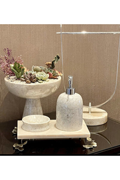MIARIK DESIGN & DEKORASYON DEKORATİF BEJ MERMER GINKO AKSESUAR DETAYLI 4 LU B...