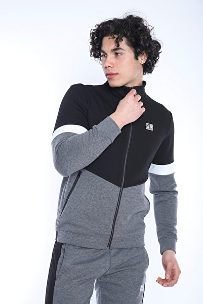 NEED LİFE Erkek Gri Siyah Renk Detaylı Alt Üst Fermuarlı Cepli Slim Fit 2 Iplik Eşofman Takım