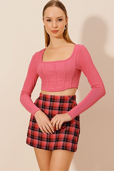 HAKKE Women's Long Sleeve Camisole Ribbed Corset Crop Blouse