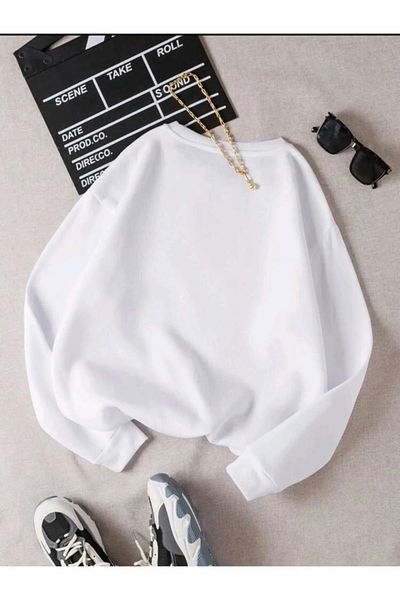 Moodopia Λευκό Oversize Φούτερ - Star Printed, Crew Neck