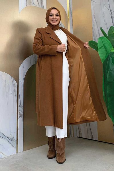 Bym Fashion Παλτό από κασμίρ με επένδυση με ζώνη 7519-1 μαύρισμα