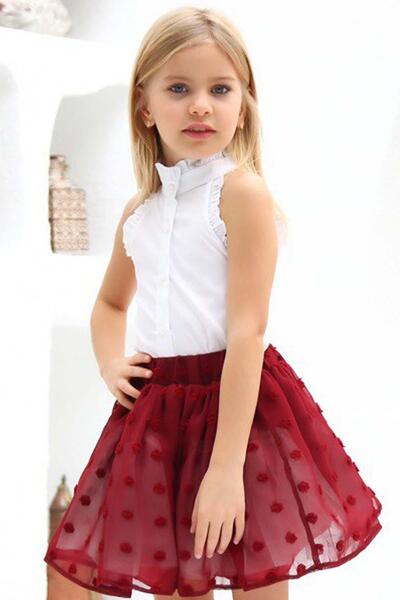 Riccotarz Girl's Polka Dot Skirt and Cream Skirt Set with Denim Jacket