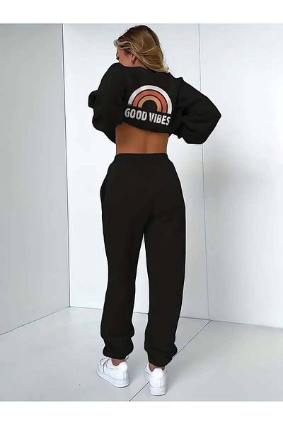 Machetta Women's Plus Size Good Vibes Printed Oversize 3 Thread Tracksuit Set