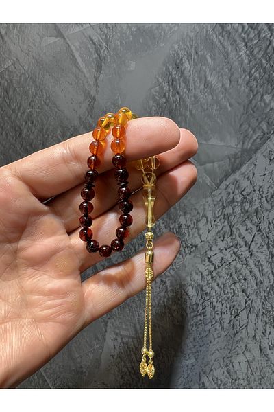 Amber by Mazukna Baltic Drop Amber Prayer Beads - Brown, Globe Cut, Silver Tassel, Certified
