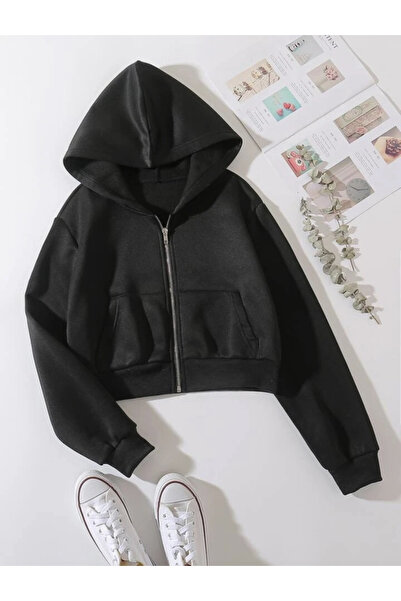 Buteks Kadın Siyah Crop Fermuarlı Cepli Kapüşonlu Hırka Sweatshirt