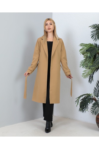 KMKkombin KMKKOMBİN MANŞET DETAYLI KUŞAKLI ÇİFT CEPLİ KAŞE KABAN